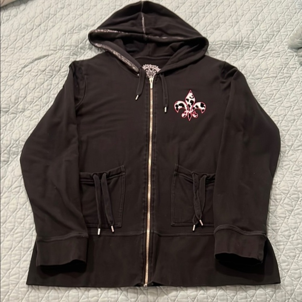 Ladies Black Hooded Jacket with Animal Print Fleur-de-Lis